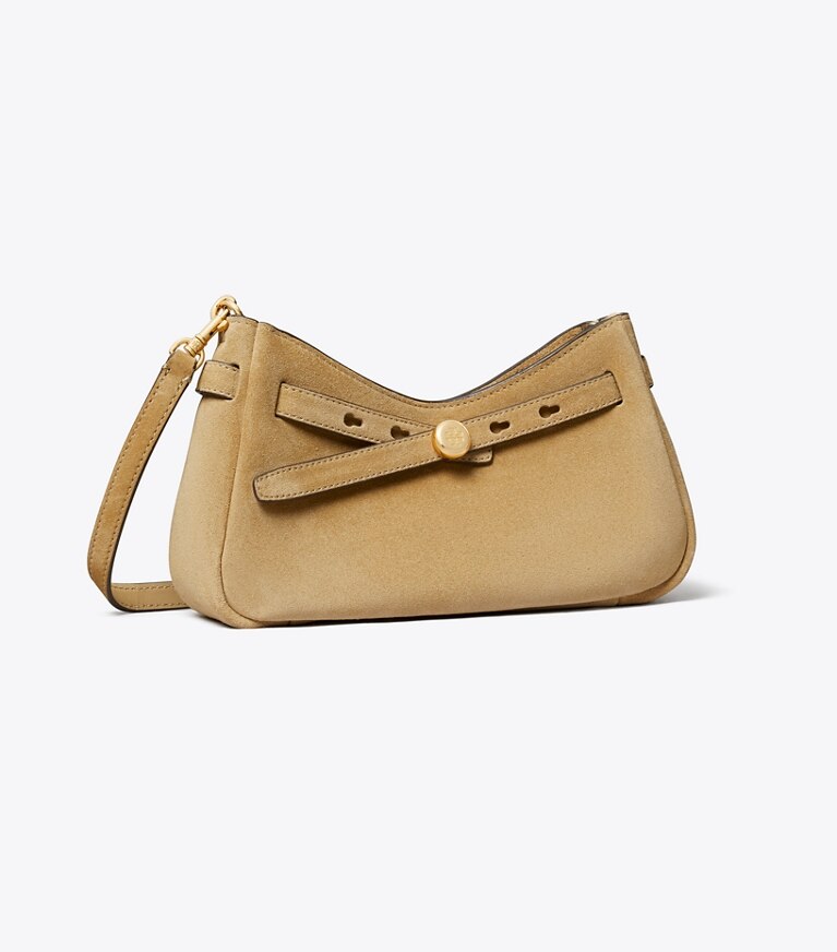 Tory Burch diseñador bolsos bandolera Bolso cruzado Romy de gamuza con cierre en la parte superior en Butter ángulo