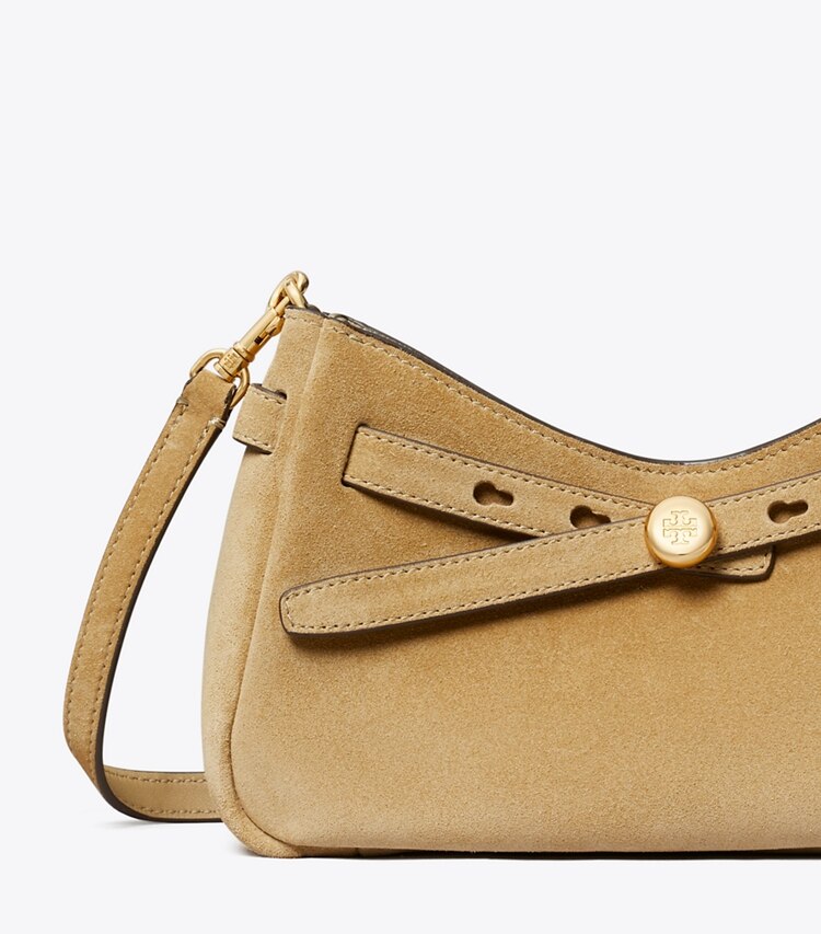 Tory Burch diseñador bolsos bandolera Bolso cruzado Romy de gamuza con cierre en la parte superior en Butter detalle