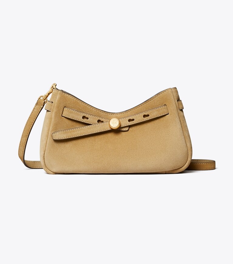 Tory Burch diseñador bolsos bandolera Bolso cruzado Romy de gamuza con cierre en la parte superior en Butter frente