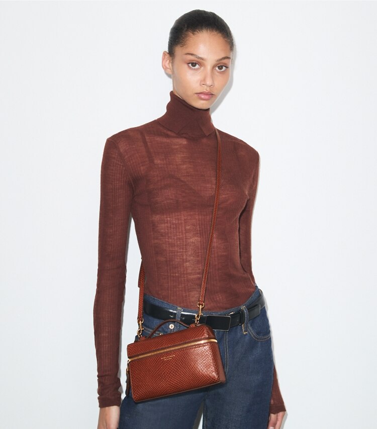 Tory Burch diseñador bolsos bandolera Bolso de asa superior delgado con piel grabada en relieve con efecto de serpiente Romy en Sweet Maple adicional en modelo