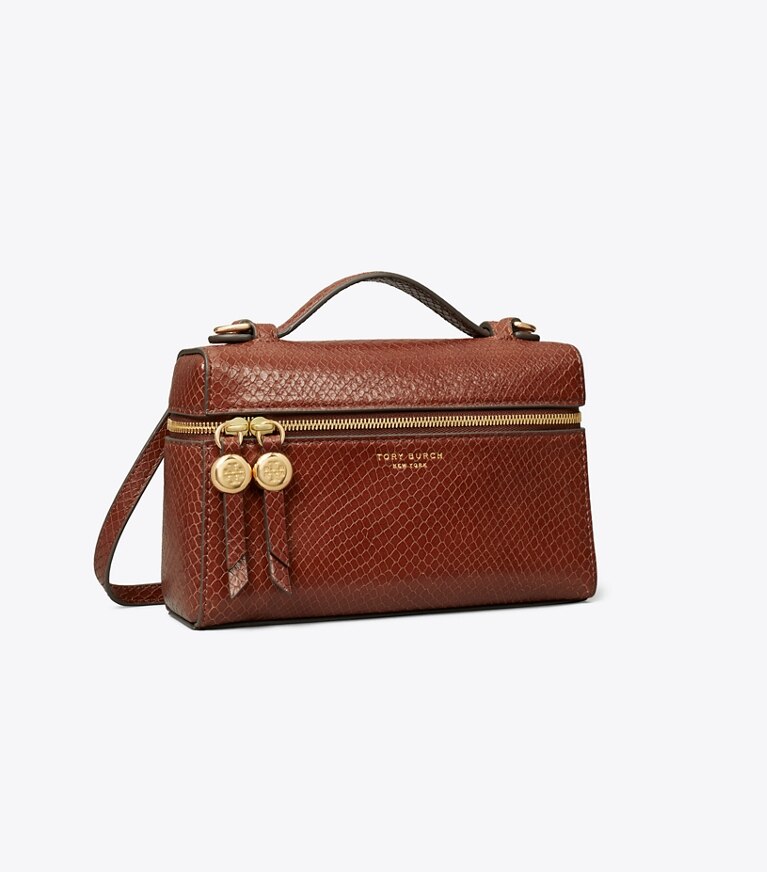 Tory Burch diseñador bolsos bandolera Bolso de asa superior delgado con piel grabada en relieve con efecto de serpiente Romy en Sweet Maple ángulo