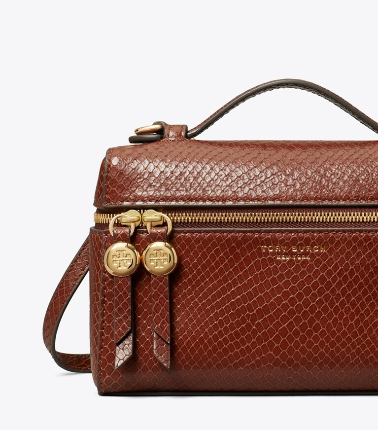 Tory Burch diseñador bolsos bandolera Bolso de asa superior delgado con piel grabada en relieve con efecto de serpiente Romy en Sweet Maple detalle