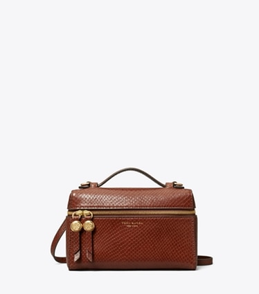 Tory Burch diseñador bolsos bandolera Bolso de asa superior delgado con piel grabada en relieve con efecto de serpiente Romy en Sweet Maple frente