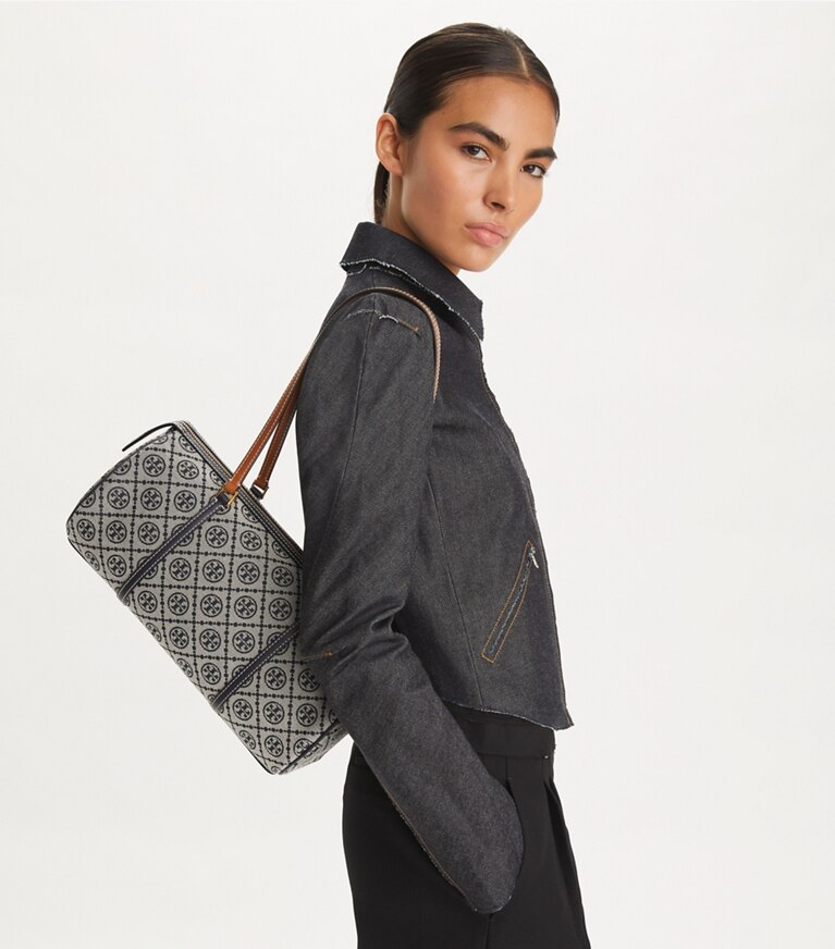 Tory Burch diseñador bolsos satchel Bolso de barril con monograma en T en Tory Navy accesorio en el modelo
