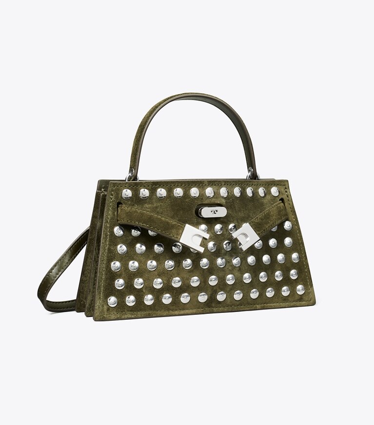 Tory Burch diseñador bolsos bandolera Bolso de gamuza con asa superior y tachuelas Lee Radziwill en Dark Olive ángulo
