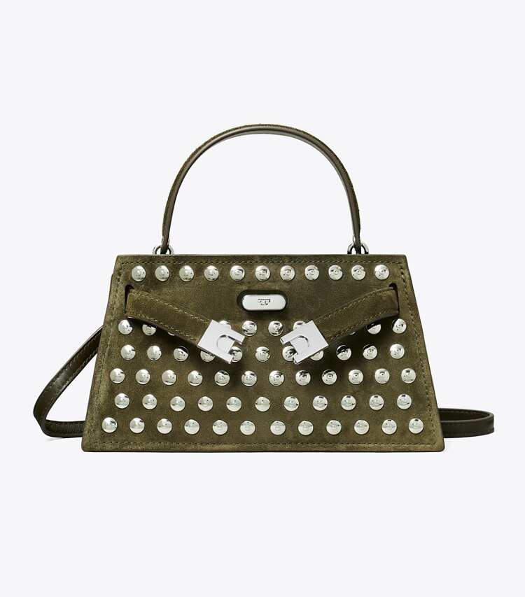 Tory Burch diseñador bolsos bandolera Bolso de gamuza con asa superior y tachuelas Lee Radziwill en Dark Olive frente