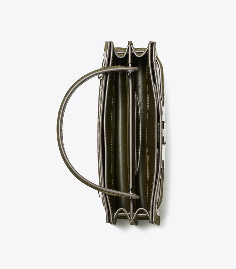 Tory Burch diseñador bolsos bandolera Bolso de gamuza con asa superior y tachuelas Lee Radziwill en Dark Olive vista superior