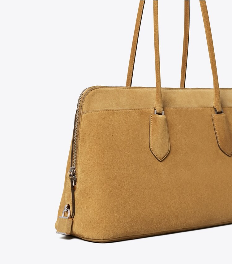 Tory Burch diseñador bolsos satchel Bolso de gamuza con cierre Satchel en Toffee detalle