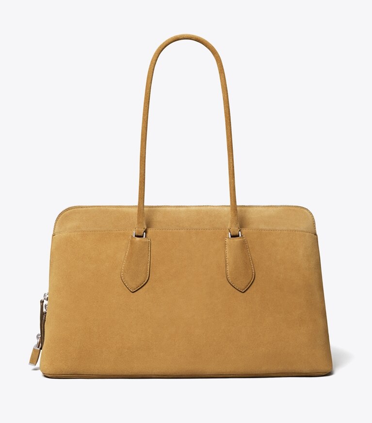 Tory Burch diseñador bolsos satchel Bolso de gamuza con cierre Satchel en Toffee frente