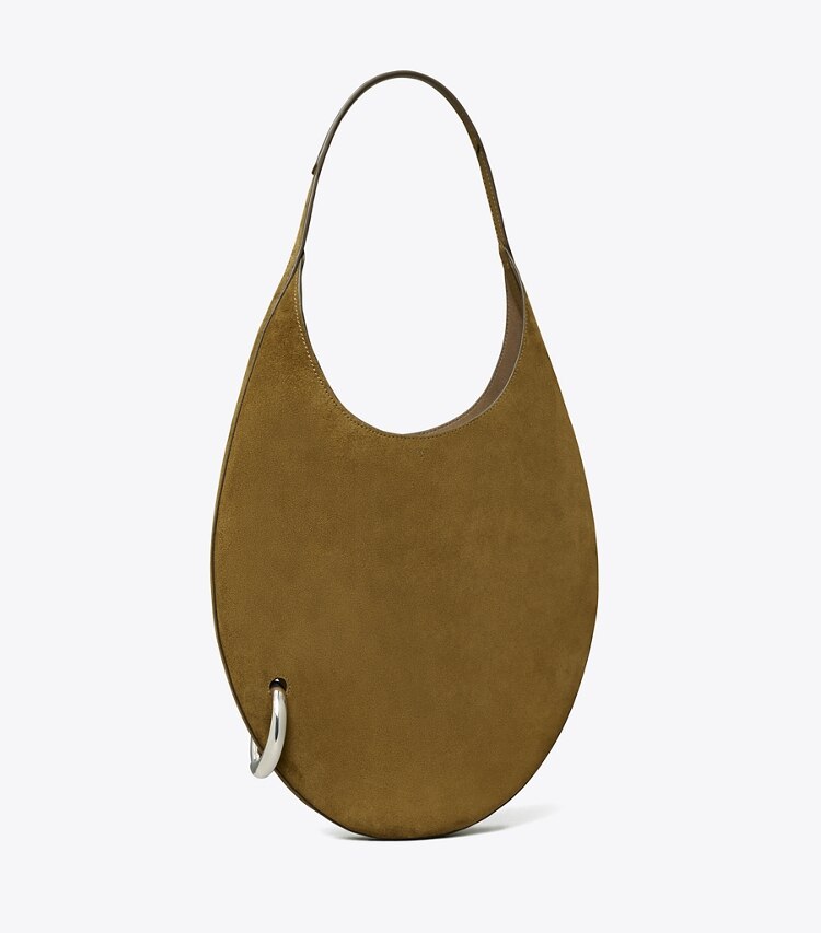 Tory Burch diseñador bolsos de hombro Bolso de gamuza perforada en Deep Olive ángulo