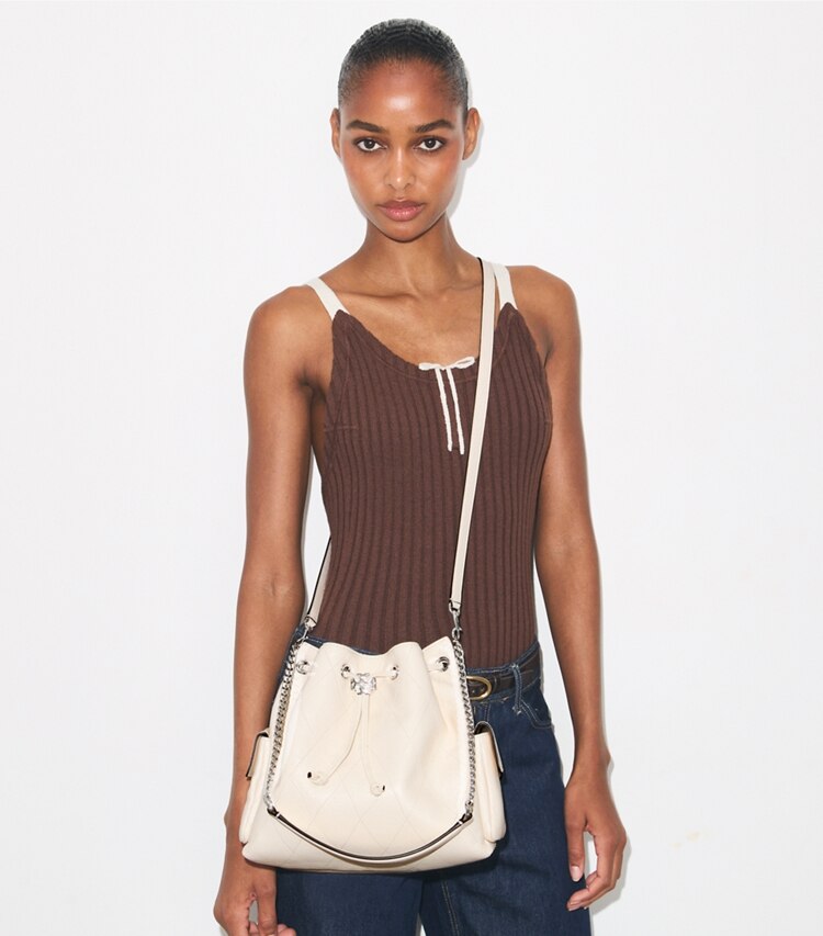 Tory Burch diseñador bolsos de hombro Bolso de hombro Charlie acolchado con cordón ajustable en Light Cream adicional en modelo