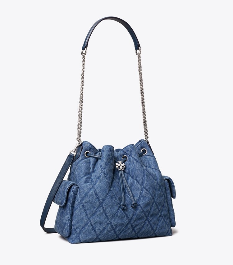 Tory Burch diseñador bolsos de hombro Bolso de hombro Charlie en denim acolchado con cordón ajustable en Blue ángulo