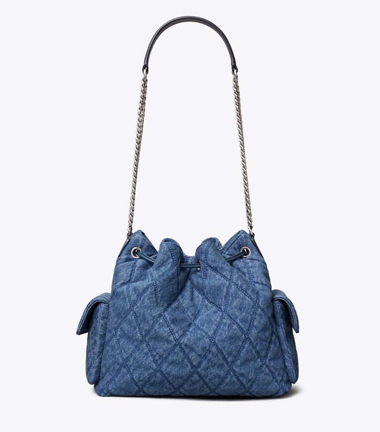 Tory Burch diseñador bolsos de hombro Bolso de hombro Charlie en denim acolchado con cordón ajustable en Blue parte trasera