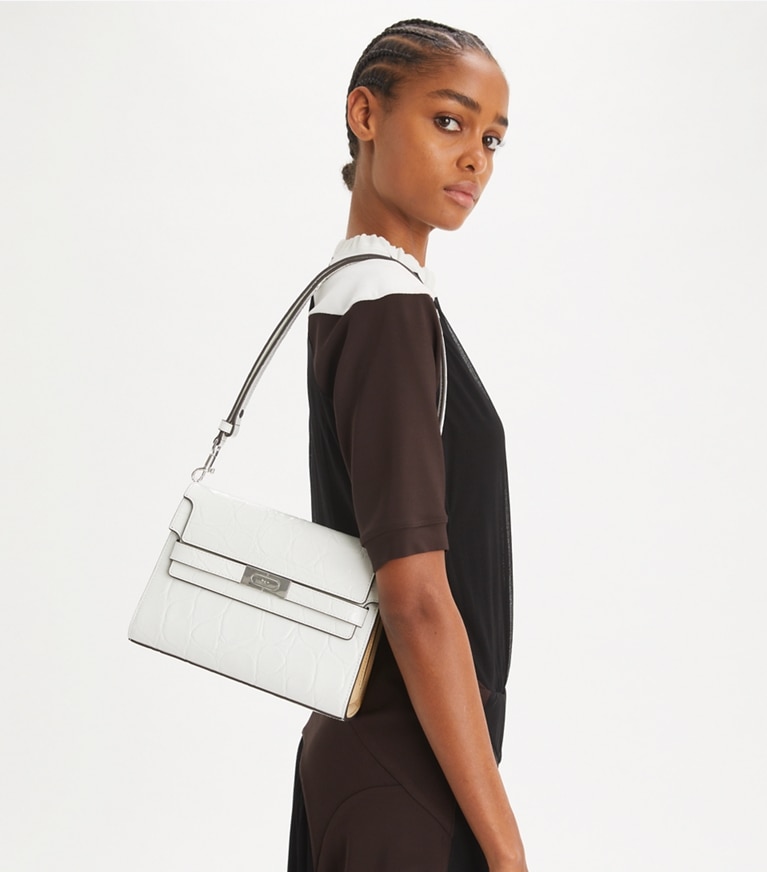 Tory Burch diseñador bolsos de hombro Bolso de hombro con grabado de cocodrilo Lee Radziwill en Blanc accesorio en modelo