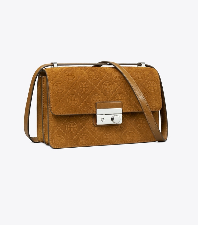 Tory Burch diseñador bolsos de hombro Bolso de hombro con monograma de T de ante en CHICORY BROWN ángulo