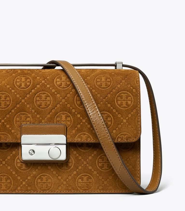 Tory Burch diseñador bolsos de hombro Bolso de hombro con monograma de T de ante en CHICORY BROWN detalle