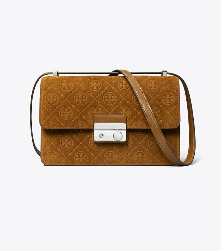 Tory Burch diseñador bolsos de hombro Bolso de hombro con monograma de T de ante en CHICORY BROWN frontal