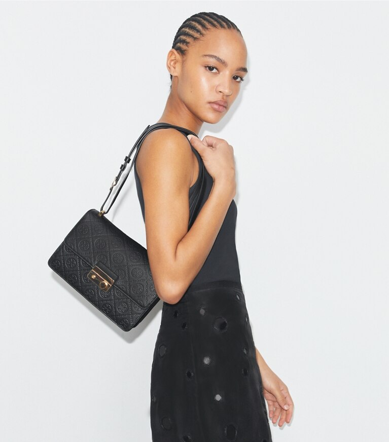 Tory Burch diseñador bolsos de hombro Bolso de hombro con monograma de T de piel granulada en Black accesorio en el modelo