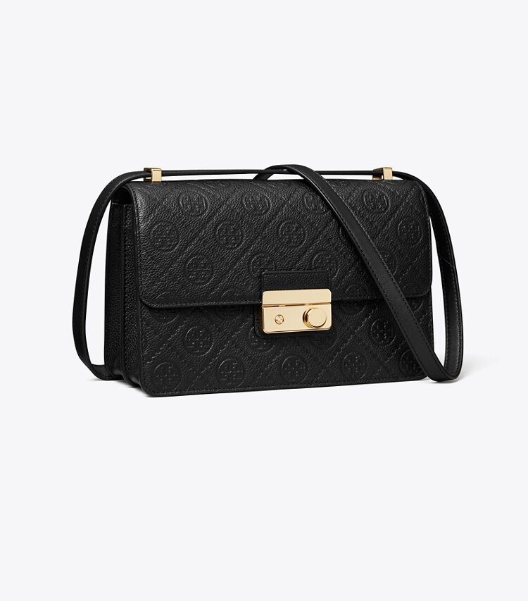 Tory Burch diseñador bolsos de hombro Bolso de hombro con monograma de T de piel granulada en Black ángulo