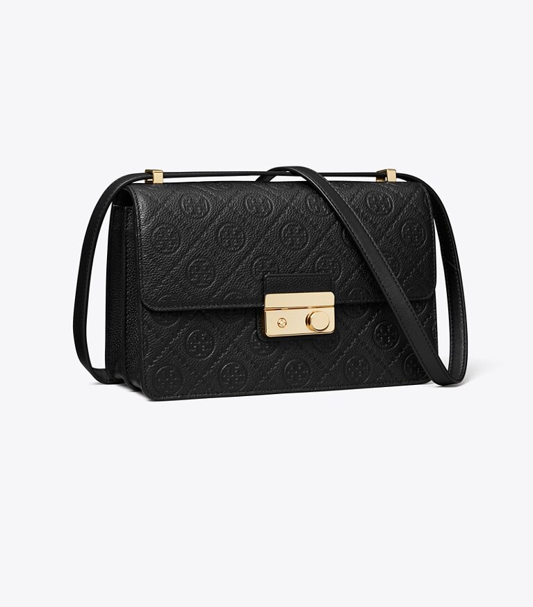 Tory Burch diseñador bolsos de hombro Bolso de hombro con monograma de T de piel granulada en Black ángulo