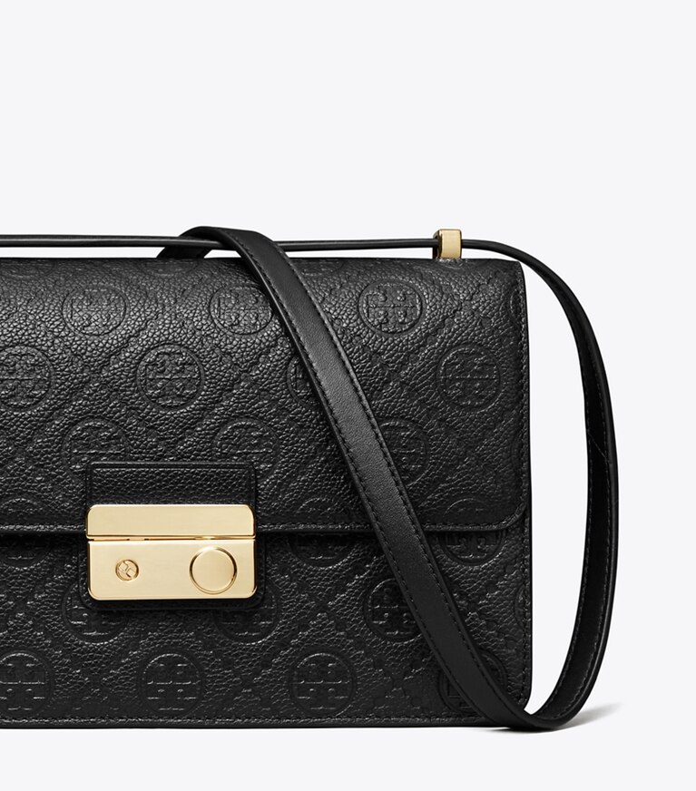 Tory Burch diseñador bolsos de hombro Bolso de hombro con monograma de T de piel granulada en Black detalle