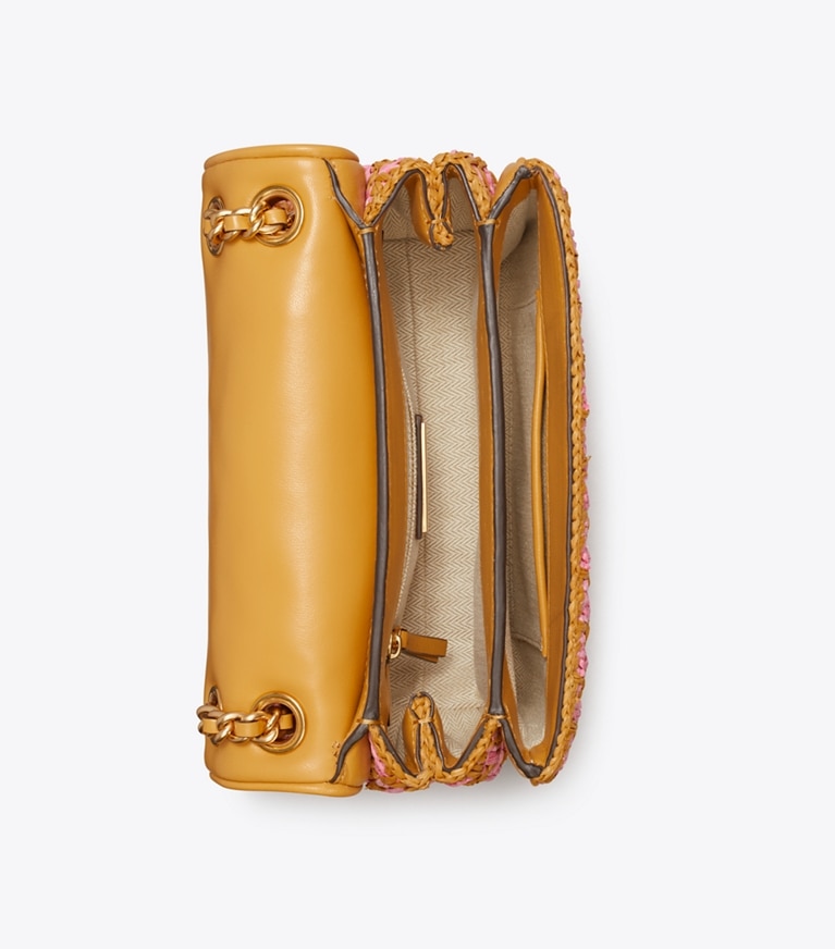 Tory Burch diseñador bolsos de hombro Bolso de hombro convertible pequeño de crochet suave Fleming en Pink Carnation Multi vista superior