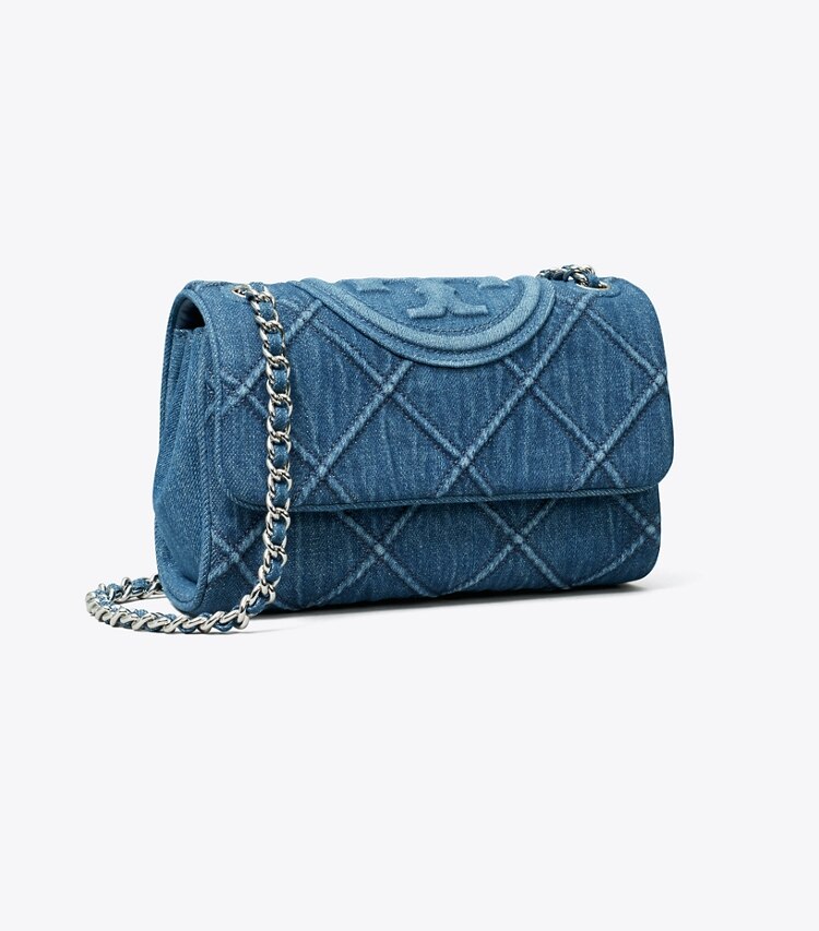 Tory Burch diseñador bolsos de hombro Bolso de hombro convertible pequeño de denim suave Fleming en Denim ángulo