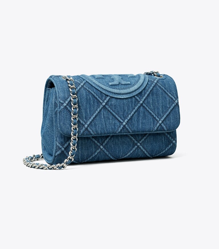 Tory Burch diseñador bolsos de hombro Bolso de hombro convertible pequeño de denim suave Fleming en Denim ángulo