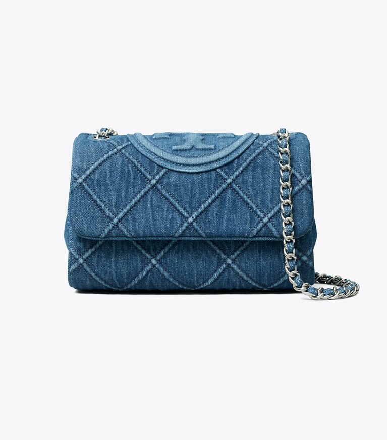 Tory Burch diseñador bolsos de hombro Bolso de hombro convertible pequeño de denim suave Fleming en Denim frente