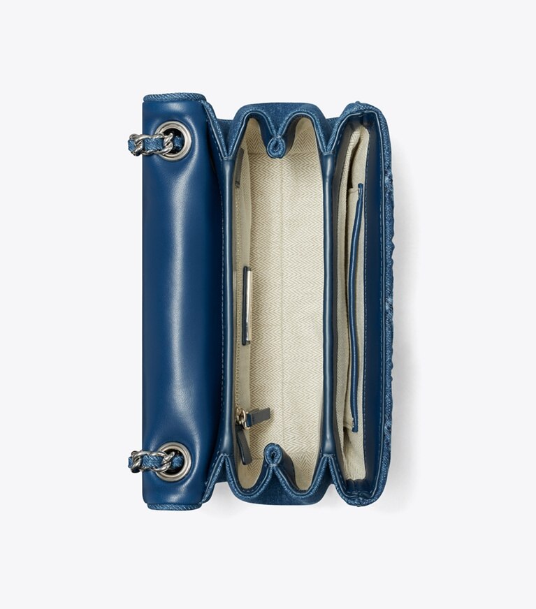Tory Burch diseñador bolsos de hombro Bolso de hombro convertible pequeño de denim suave Fleming en Denim vista superior