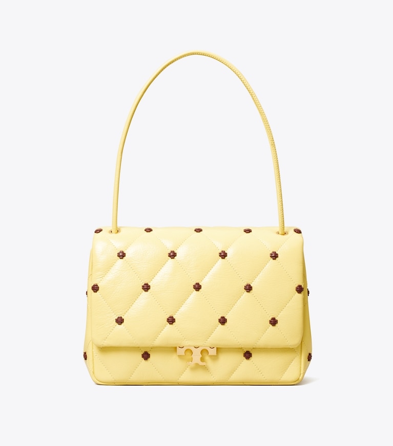 Tory Burch diseñador bolsos de hombro Bolso de hombro de charol Bunny Knot de pasarela en Beeswax frente