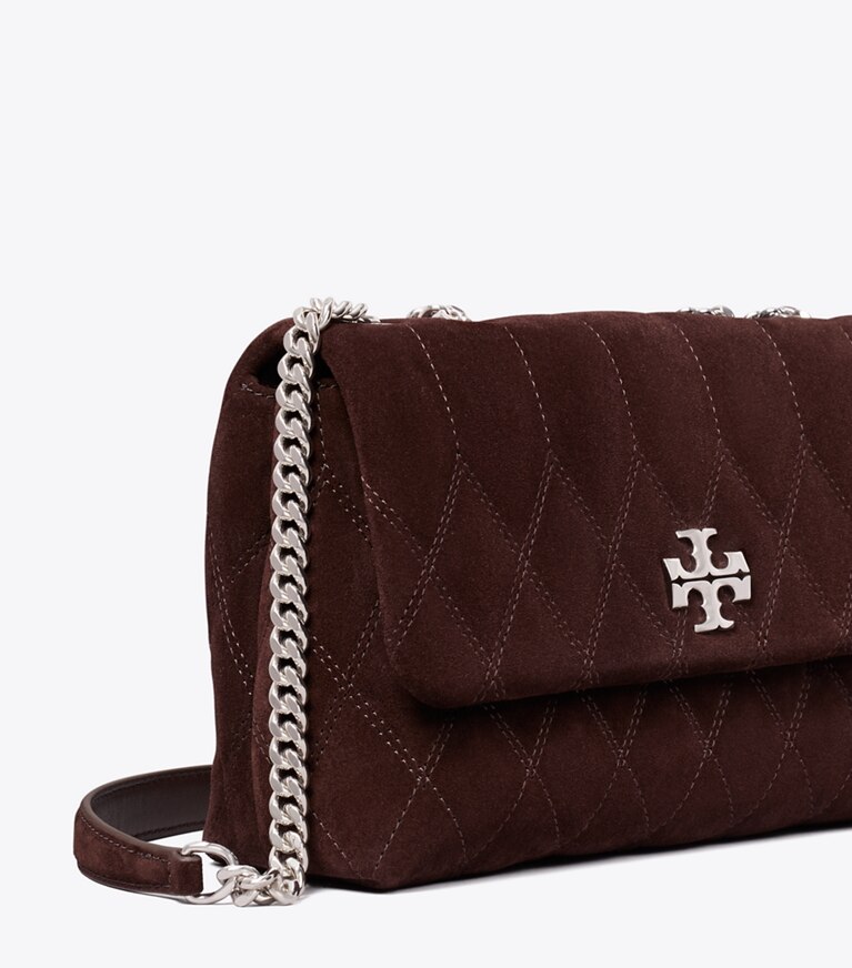 Tory Burch diseñador bolsos de hombro Bolso de hombro de gamuza acolchado pequeño Kira en Licorice detalle