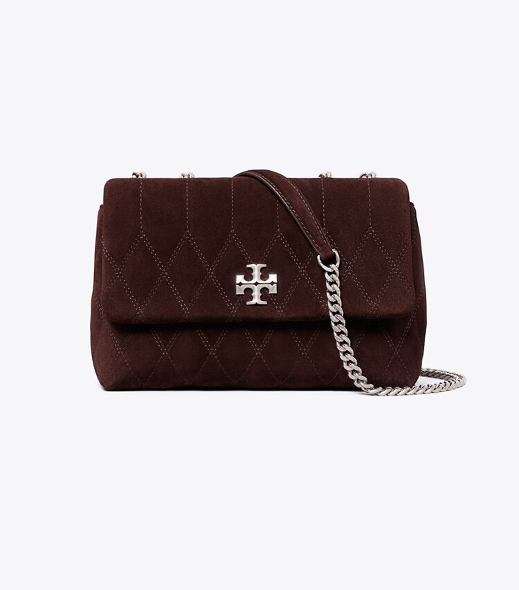 Tory Burch diseñador bolsos de hombro Bolso de hombro de gamuza acolchado pequeño Kira en Licorice frente
