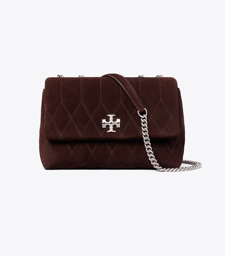 Tory Burch diseñador bolsos de hombro Bolso de hombro de gamuza acolchado pequeño Kira en Licorice frente