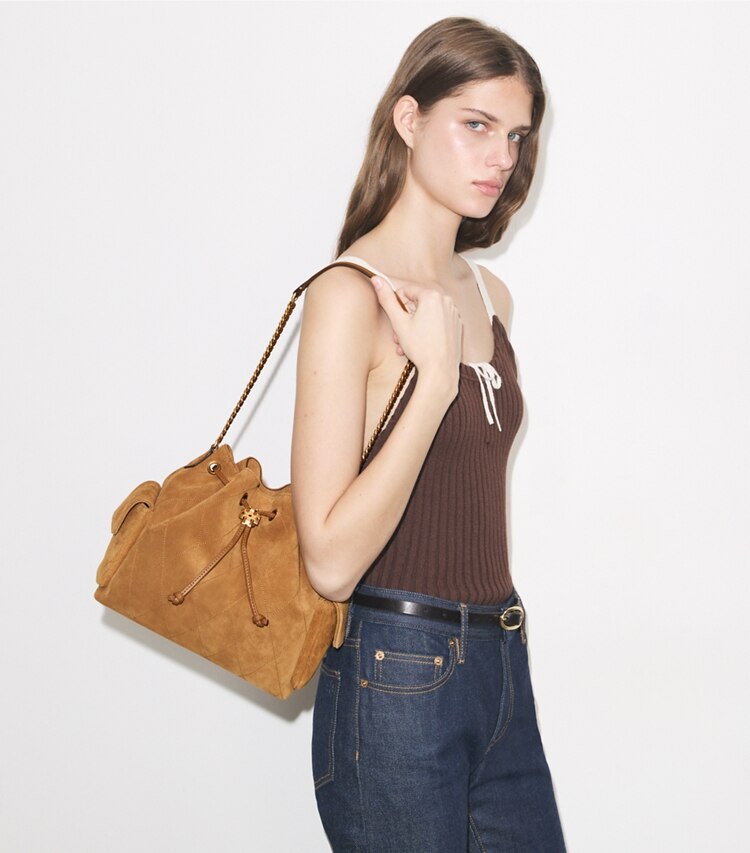 Tory Burch diseñador bolsos de hombro Bolso de hombro de gamuza Charlie acolchado con cordón ajustable en Toffee adicional en modelo