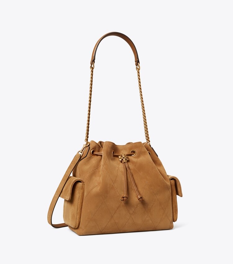 Tory Burch diseñador bolsos de hombro Bolso de hombro de gamuza Charlie acolchado con cordón ajustable en Toffee ángulo