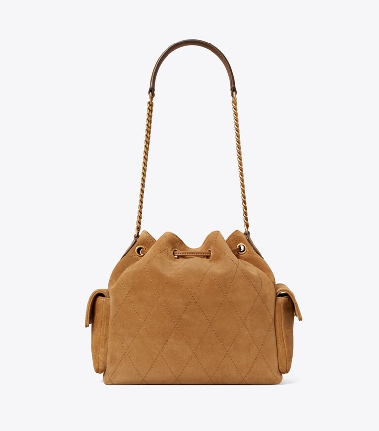 Tory Burch diseñador bolsos de hombro Bolso de hombro de gamuza Charlie acolchado con cordón ajustable en Toffee volver