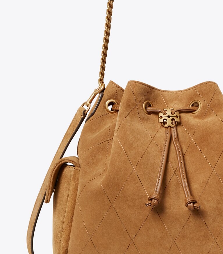 Tory Burch diseñador bolsos de hombro Bolso de hombro de gamuza Charlie acolchado con cordón ajustable en Toffee detalle