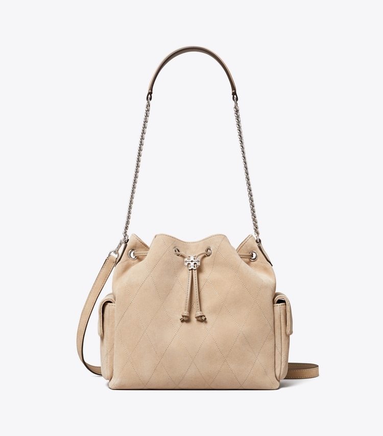 Tory Burch diseñador bolsos de hombro Bolso de hombro de gamuza Charlie acolchado con cordón ajustable en Soft Cement frente