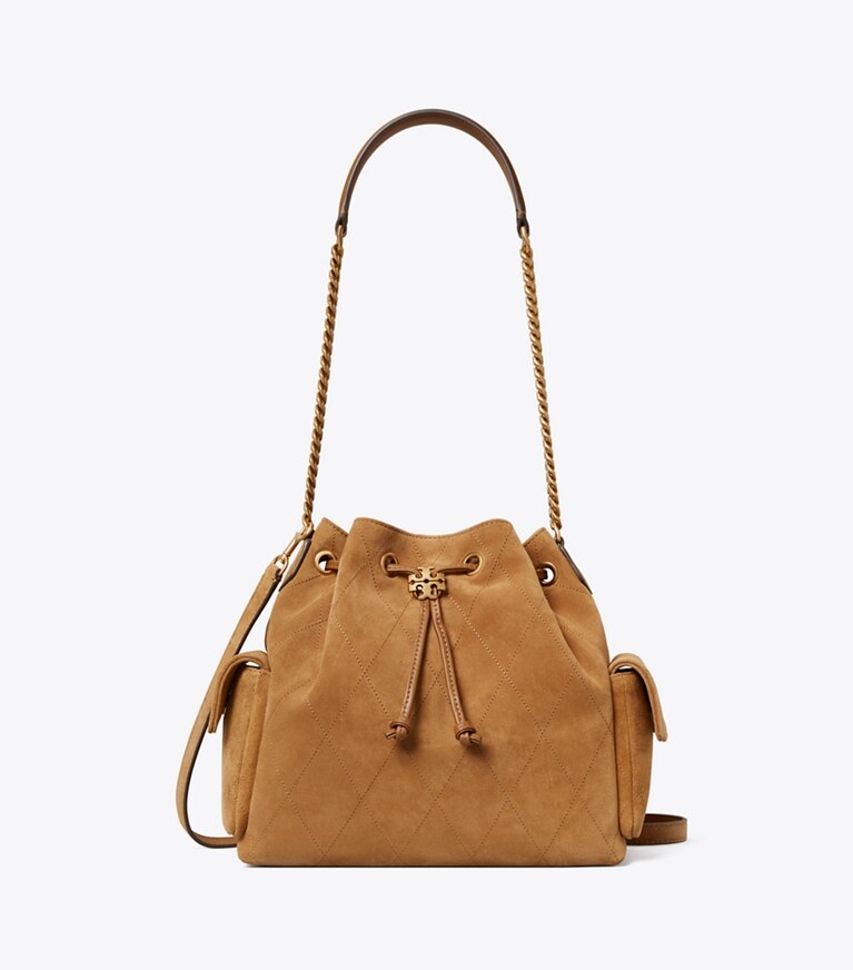 Tory Burch diseñador bolsos de hombro Bolso de hombro de gamuza Charlie acolchado con cordón ajustable en Toffee frente