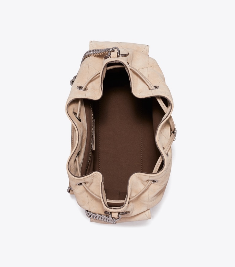 Tory Burch diseñador bolsos de hombro Bolso de hombro de gamuza Charlie acolchado con cordón ajustable en Soft Cement vista superior