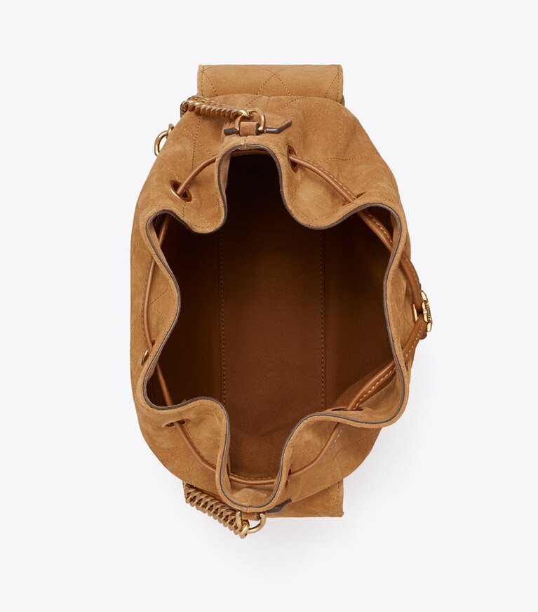 Tory Burch diseñador bolsos de hombro Bolso de hombro de gamuza Charlie acolchado con cordón ajustable en Toffee vista superior