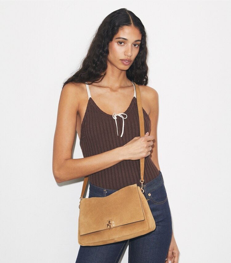 Tory Burch diseñador bolsos de hombro Bolso de hombro de gamuza Charlie en Toffee adicional en modelo