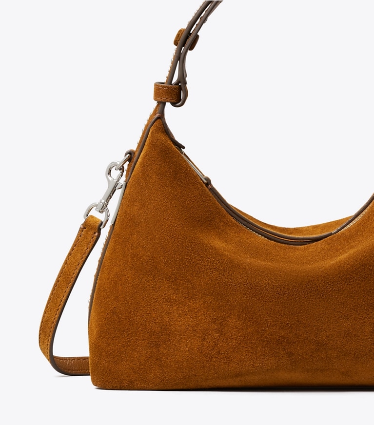 Tory Burch diseñador bolsos de hombro Bolso de hombro de gamuza con tachuelas Mellow en Caramel detalle