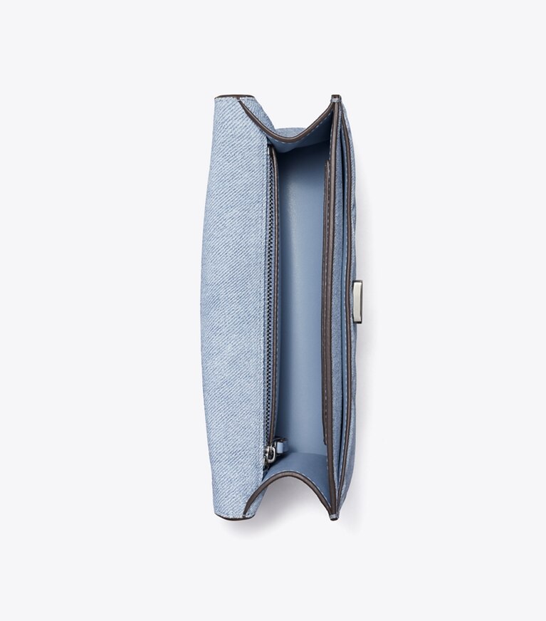 Tory Burch diseñador bolsos de hombro Bolso de hombro de gamuza pequeño con estampado de denim Fleming en Medium Wash Denim vista superior