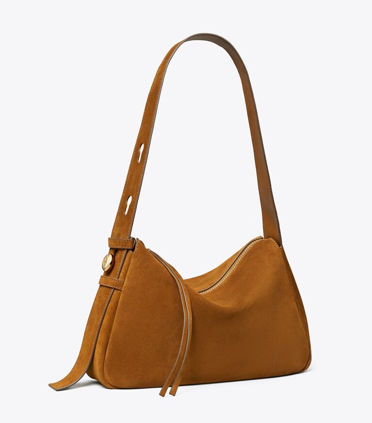 Tory Burch diseñador bolsos de hombro Bolso de hombro de gamuza Romy en Caramel ángulo