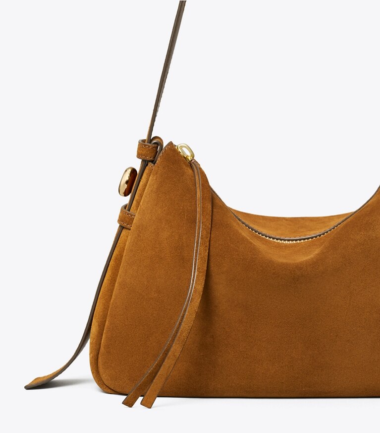 Tory Burch diseñador bolsos de hombro Bolso de hombro de gamuza Romy en Caramel detalle