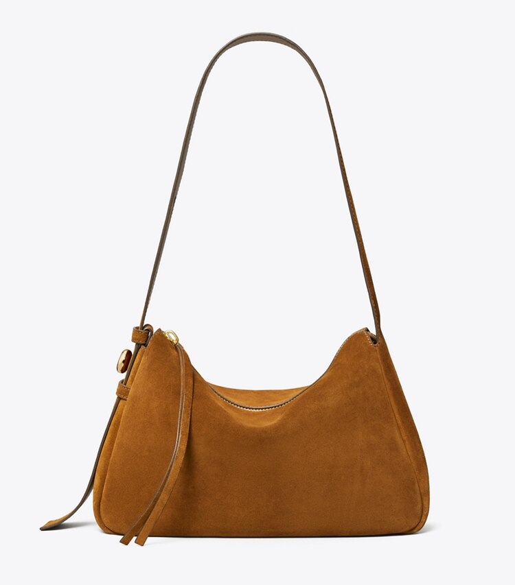 Tory Burch diseñador bolsos de hombro Bolso de hombro de gamuza Romy en Caramel frente