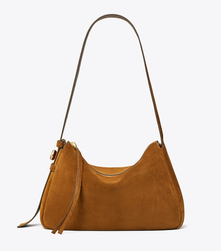 Tory Burch diseñador bolsos de hombro Bolso de hombro de gamuza Romy en Caramel frente