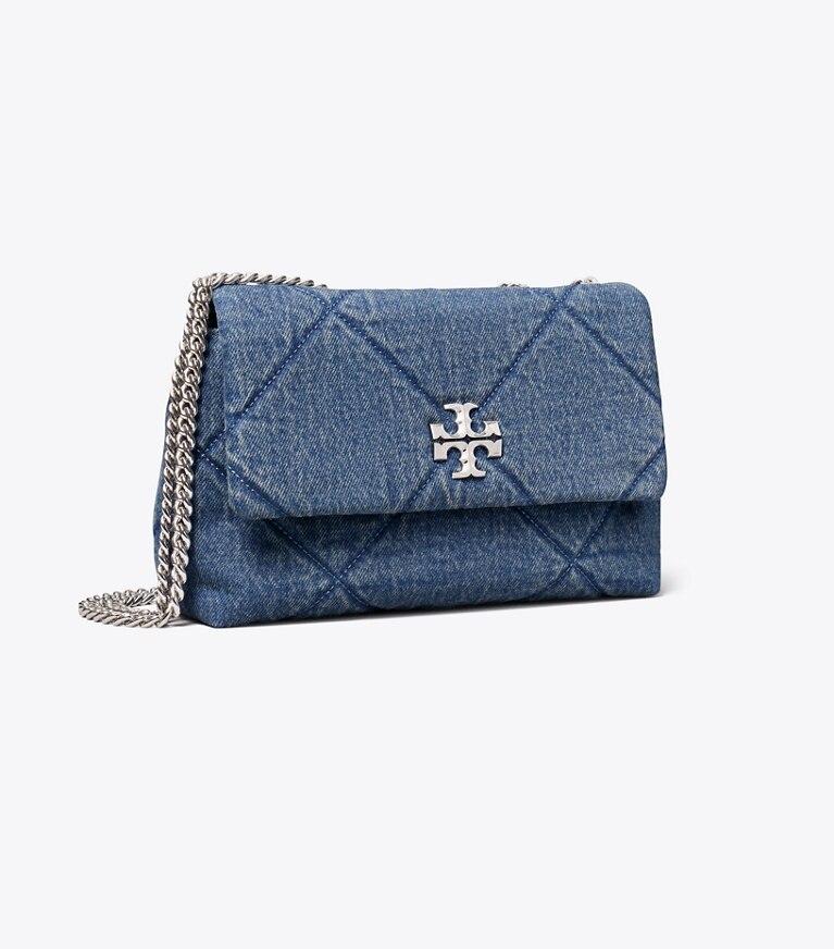 Tory Burch diseñador bolsos de hombro Bolso de hombro de mezclilla pequeño acolchado en forma de rombos Kira en Blue ángulo